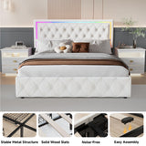 QFP LED Full Bed Frame with 4 Storage Drawers and Adjustable Headboard, Modern Velvet Upholstered Platform Bed Frame Full Size with Charging Station, Wooden Slats Support, No Box Spring Needed, White QFP