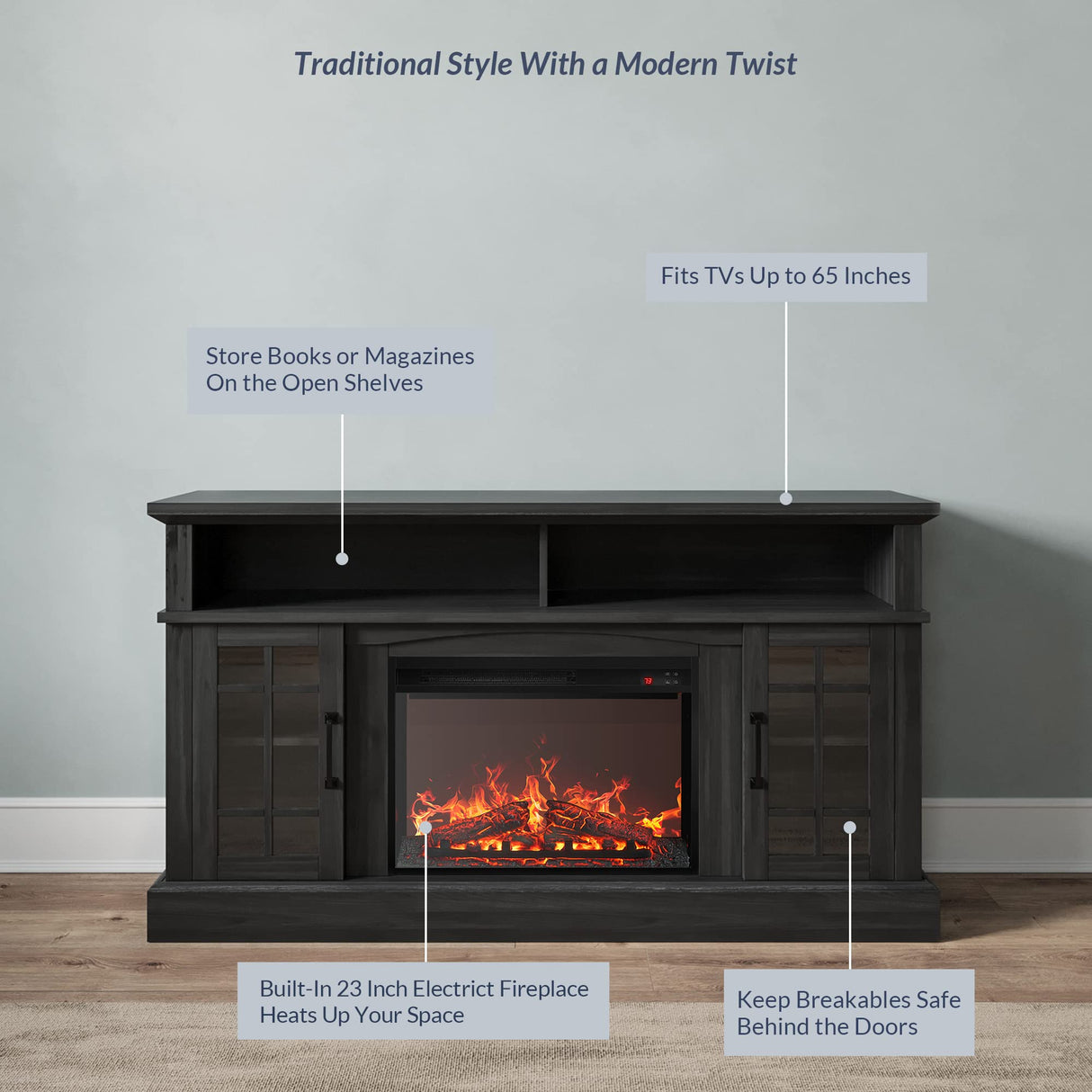 BELLEZE Traditional 58" Rustic TV Stand with 23" Electric Fireplace Heater with Sound, Media Entertainment Center Console Table for TV up to 65" with Open Storage Shelves and Cabinets - Rustic Grey BELLEZE