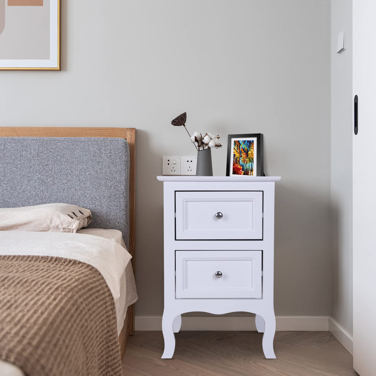 Karl home White Nightstand Set of 2. Farmhouse End Side Table Set of 2 Bedside Nightstands Chest with Drawers Small Night Stand with 2 Drawer and Solid Wood Legs for Bedroom, Living Room Karl home
