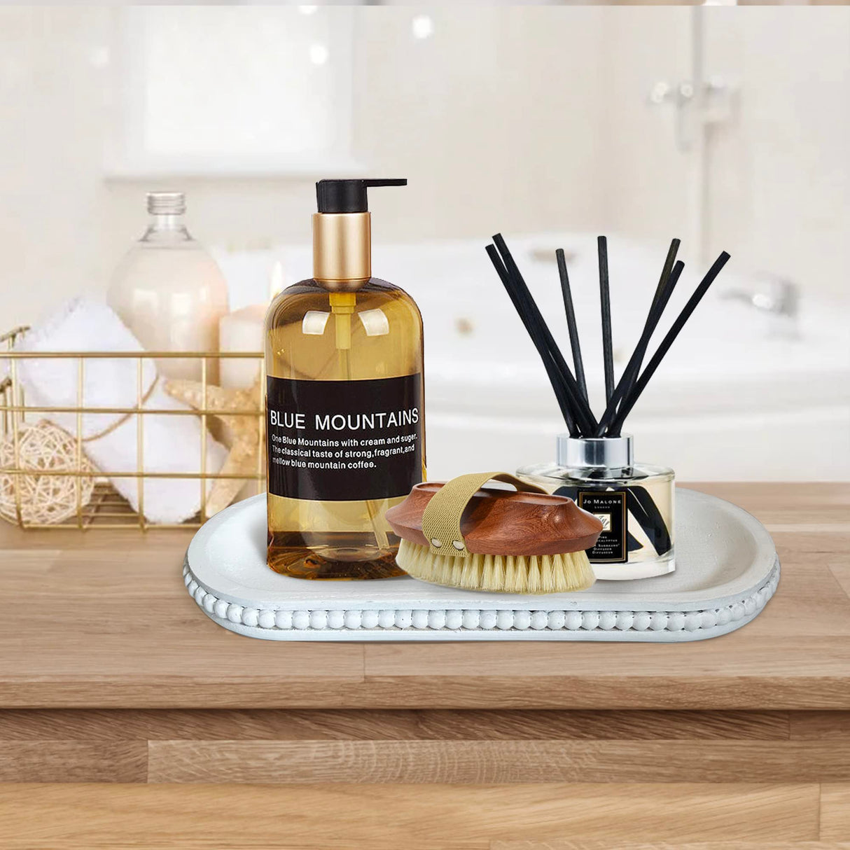 dwellington Wooden Farmhouse Decorative Tray, 12in Rustic Beaded Tray for Living Room Decor, Kitchen Table Décor, Oval Coffee Table Serving Tray (White) dwellington