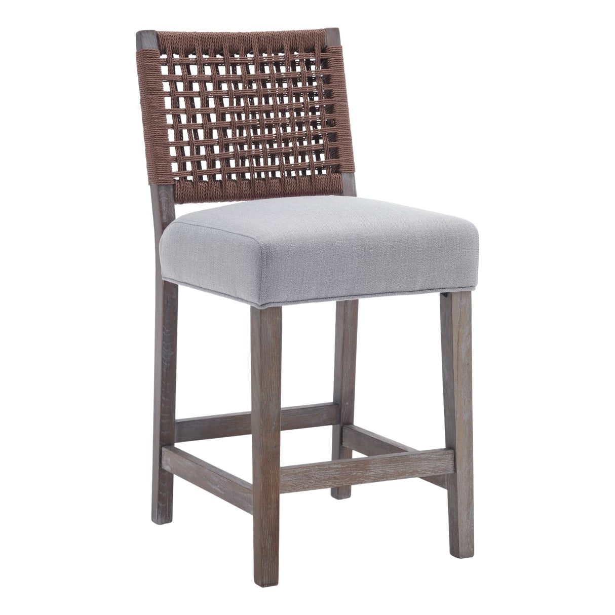 DM Furniture 27" Farmhouse Counter Height Bar Stools Set of 4 for Kitchen Island Midcentury Linen Upholstered Stool Chairs with Wicker Backrest and Wood Legs for Home Bar/Dining Counter/Patio, Grey DM Furniture
