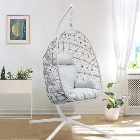 FansaFurn Hanging Egg Chair, Swing Chair with Stand, Hammock Chair IndoorPatio Boho Wicker 350lbs Capacity, Swing Chair for Bedroom Garden, Balcony, Beige &Gray FansaFurn