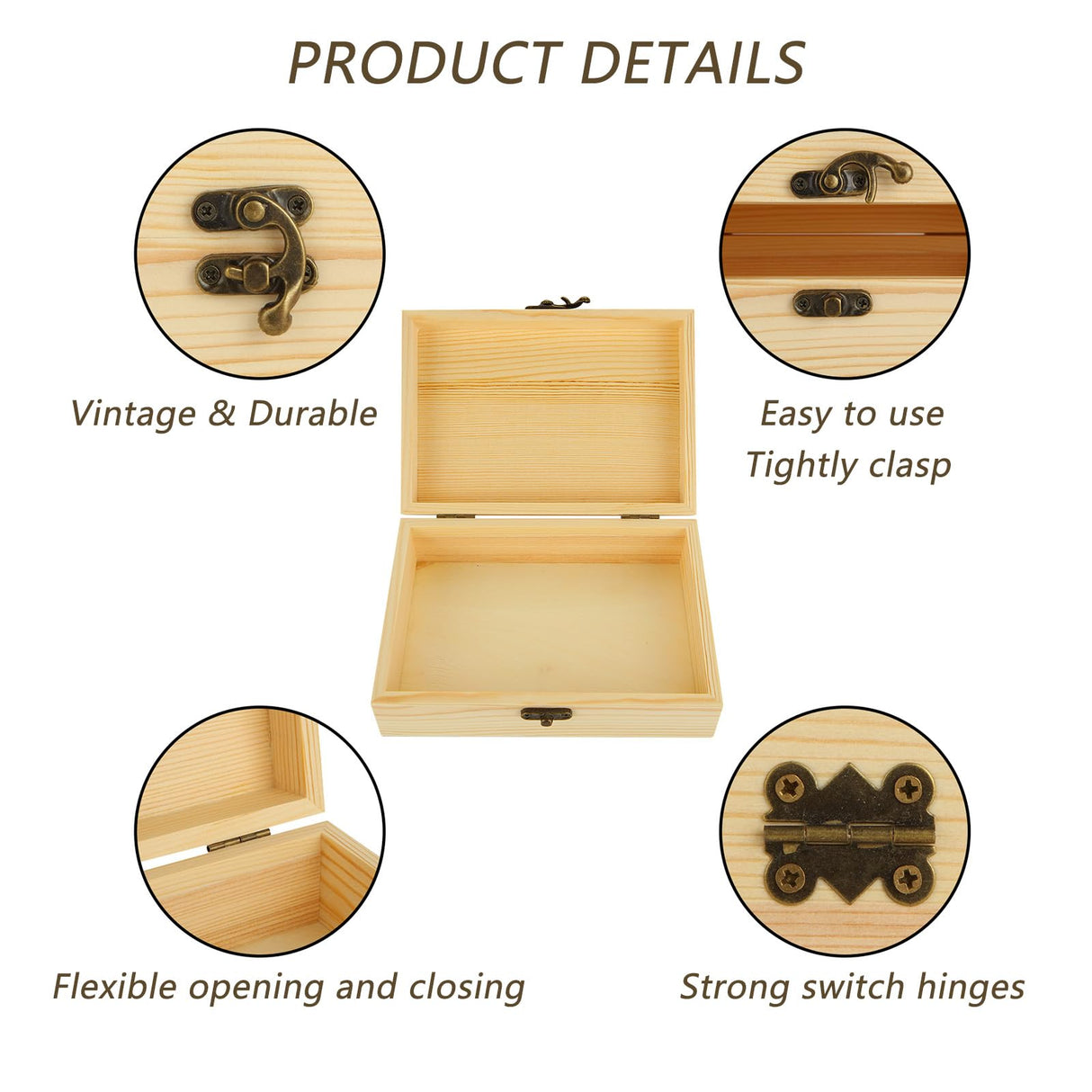 Acrux7 4 Pack Unfinished Wood Boxes, 7.2 Inch Unpainted Wooden Box with Hinged Lid, Small Plain Pine Wood Storage Boxes for Crafts, DIY, Jewelry, Keepsake (7.2x5x2.5 Inch) Acrux7