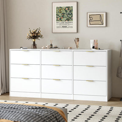 UZUGUL White 9 Drawer Dresser with Gold Handle for Bedroom,Modern Large Deep Drawer Dresser,Long Chest of Drawer for Bedroom,Storage Organizer Furniture for Closet,Hallway