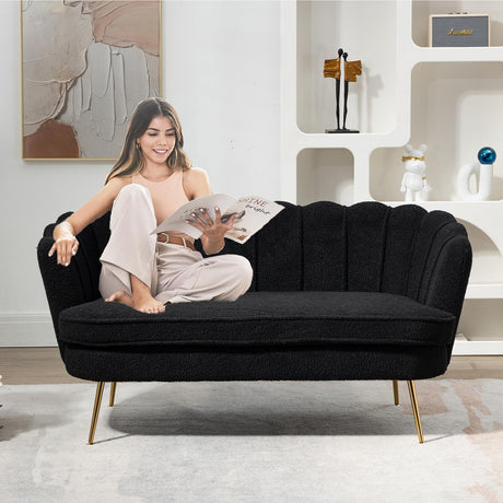 Black Modern Boucle Loveseat Couch,Futon Small Sofa with Gold Metal Legs ,2-Seater Upholstered Mini Sofa Couches for Small Space,Living Room Bedroom Office Dorm Studio Apartment Couche(Black) Gustonhon