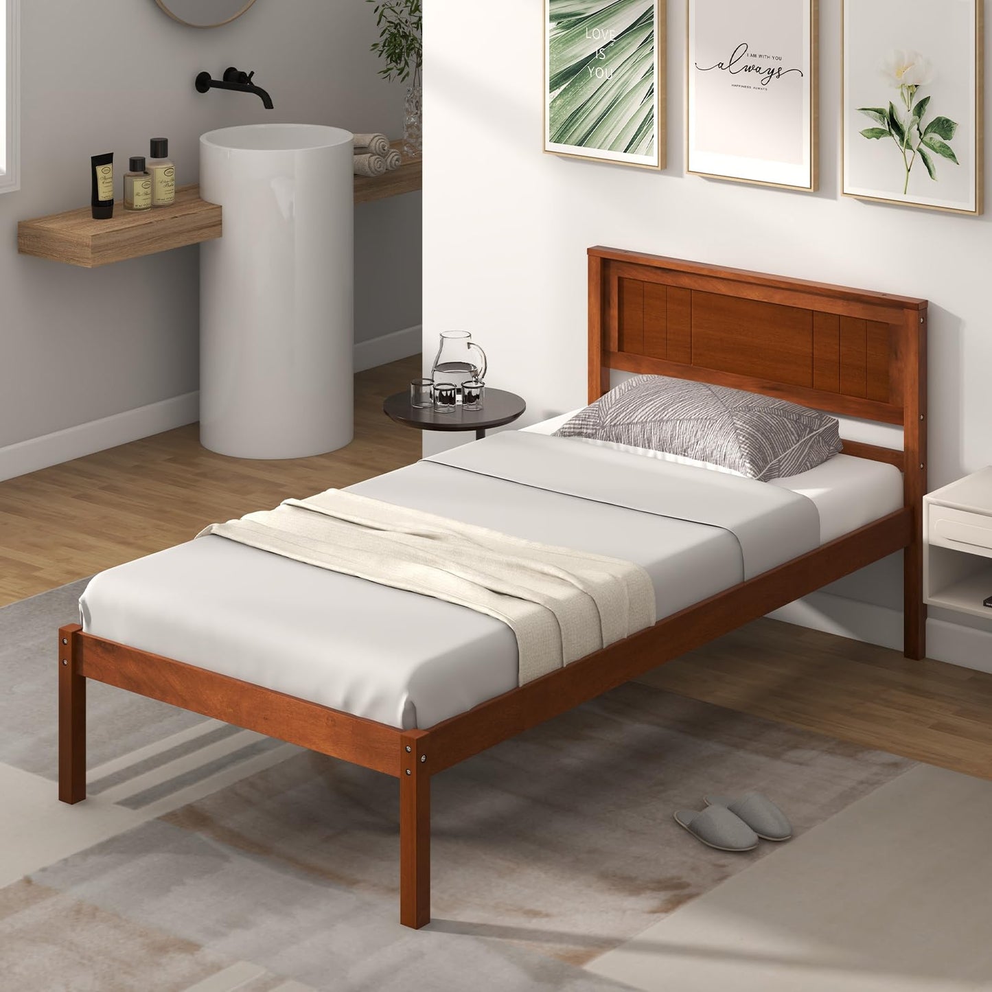 Giantex Wood Twin Platform Bed with Headboard, Mid Century Solid Wood Bed Frame with Wood Slat Support, Wooden Mattress Foundation with 12" Under Bed Storage for Bedroom, Easy Assembly, Walnu - WoodArtSupply