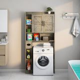 Vabches Grey Farmhouse Over The Toilet Storage Cabinet with Barn Doors and Toilet Paper Holder Vabches