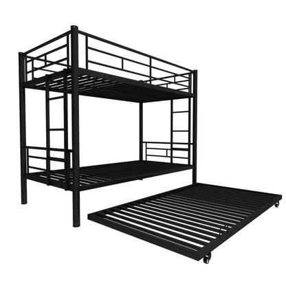 UDPARSCO Bunk Bed with Trundle, Heavy-Duty Twin Bed Frame 77“Lx40.3 Wx61.4 H, Trundle in 72.4" Lx39 W, Triple Bunk Bed for Kids, Teens and Adults (Black, Bunk with Trundle)