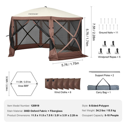 VEVOR Pop Up Gazebo Screen Tent, Pavilion Gazebo Tent, 11.5 x 11.5 ft 6-Sided Camping Instant Canopy Sun Shelter with 6 Removable Privacy Wind Cloths, Mosquito Netting, for Patio, Backyard, Lawn