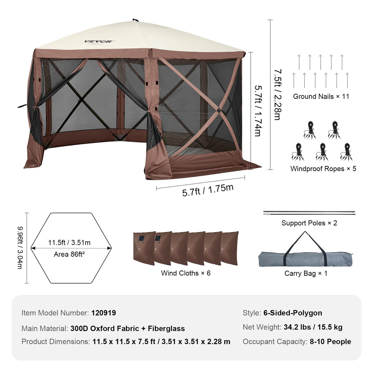 VEVOR Pop Up Gazebo Screen Tent 6 Sided Canopy Sun Shelter with 6 Removable Privacy Wind Cloths & Mesh Windows, 11.5x11.5FT Quick Set Screen Tent with Mosquito Netting, Brown VEVOR