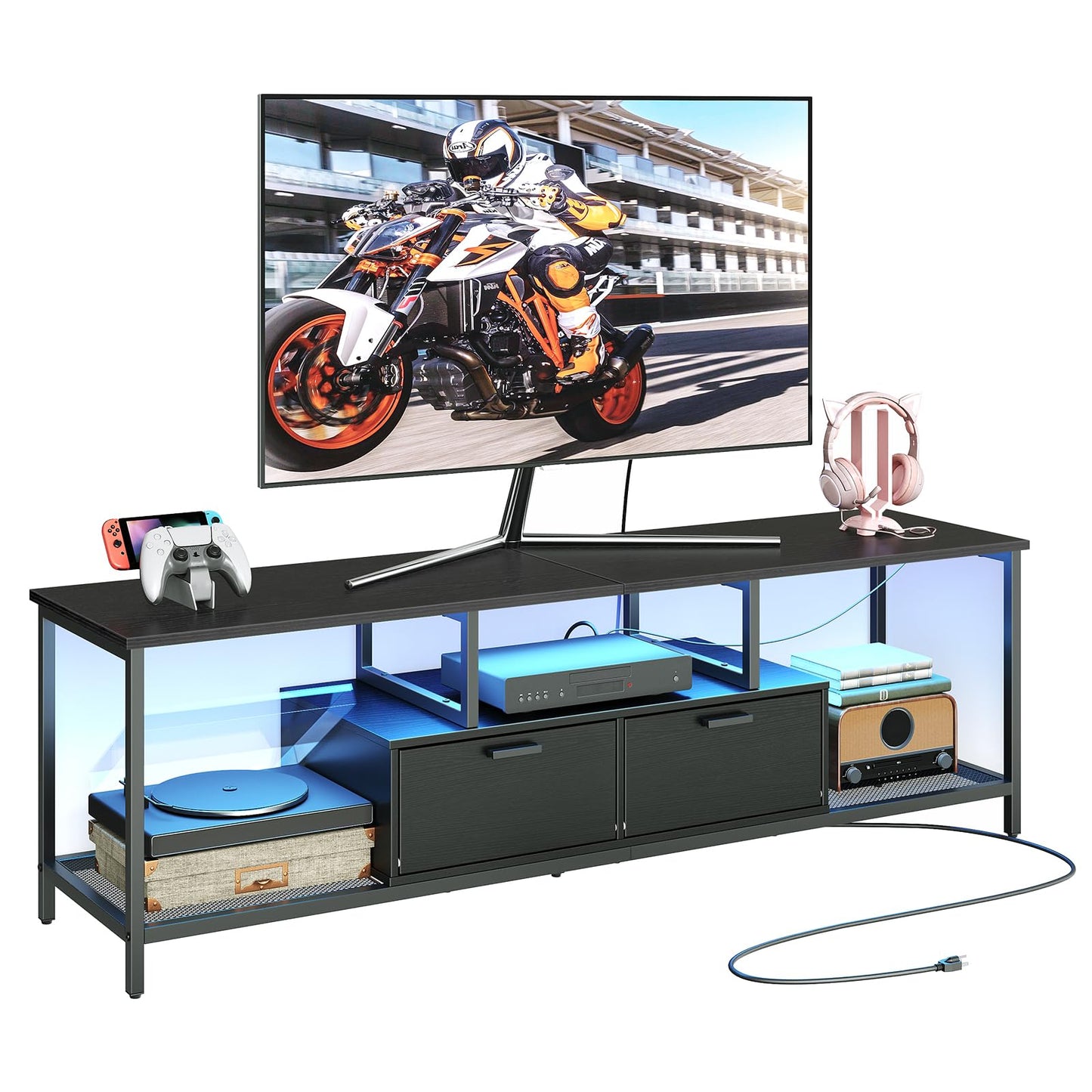 HOOBRO TV Stand with LED Light and Power Outlets for TVs up to 65 Inch, TV Media Console with Double-Door Cabinet, Gaming Entertainment Center for Living Room Bedroom, Black BB48UDDS01