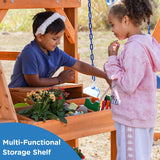 Dolphin Playground Wooden Monkey Bar Sets for Backyard, Swing Sets for Backyard with Outdoor Table, 8FT Wave Slide, and 2 Belt Swings, Multi-Functional Storage Shelf, Outdoor Playset for Kids 3-10 DOLPHIN PLAYGROUND T