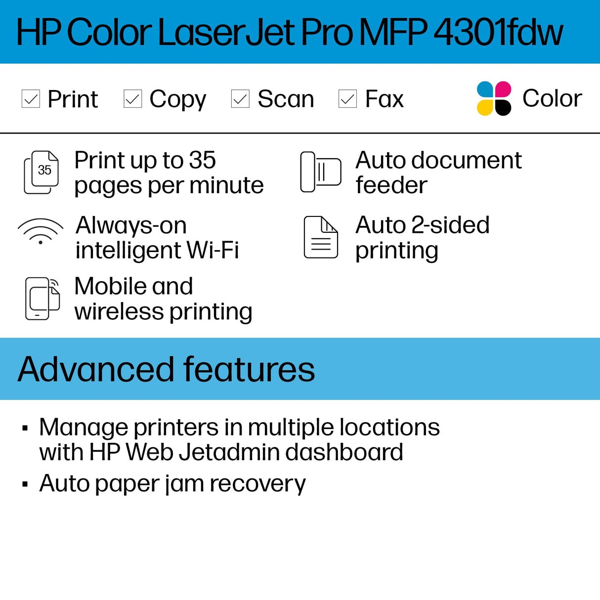 HP Color LaserJet Pro MFP 4301fdw Wireless All-in-One Color Laser Printer, Scanner, Copier, Fax, Best-for-Office HP