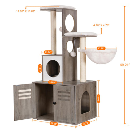 Heybly Cat tree, Wood Litter Box Enclosure with Food Station, All-in-one Indoor Cat Furniture with Large Platform and Condo, Modern Style Cat Tower, Hammock, Rustic Brown HCT103SG - WoodArtSupply