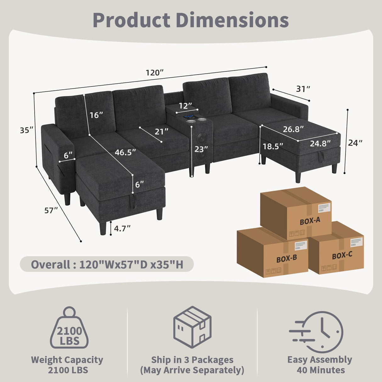 ZSDT Sectional Couches for Living Room, 6 Seat Sectional Sofa Smart Module-Bluetooth Speaker/RGB Light/Charging Station, Chenille U Shaped Couch with 2 Movable Storage Ottomans (Dark Grey) ZSDT