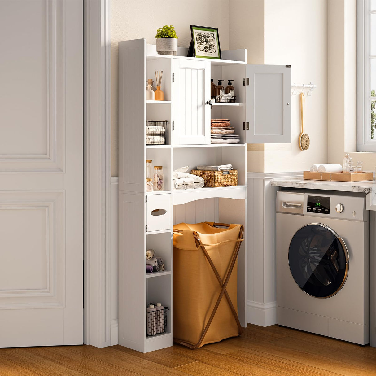 Gizoon Over The Toilet Storage Cabinet, 66''H Over Toilet Bathroom Organizer, Over Toilet Storage Cabinet with 2 Doors, Paper Holder and Racks, Adjustable Shelf, for Bathroom, Laundry, White Gizoon