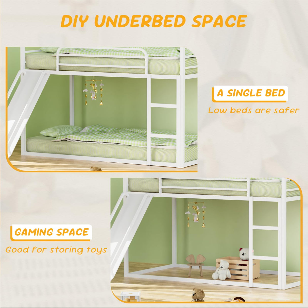 Varmsteda Bunk Bed Twin Over Twin for Kids with Slide and Ladder, Metal Floor Bunk Bed Frame with Full-Length Guardrail, Space-Saving Bunk Beds, White Varmsteda