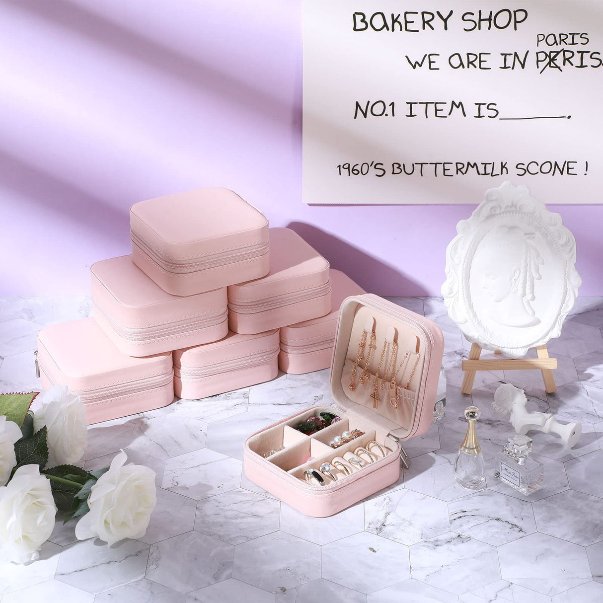 Canlierr Small Travel Jewelry PU Leather Boxes Bulk for Women Girls, Bridesmaid Gift Boxes Portable Jewelry Organizer for Rings (Pink, 12 Pcs) Canlierr