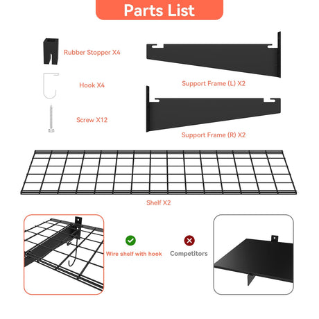TORACK 2 Pack Garage Wall Shelves, 15" x 45" Wall Mounted Wire Shelves for Garage Heavy Duty Wall Shelving(Pack of 2, Black) TORACK