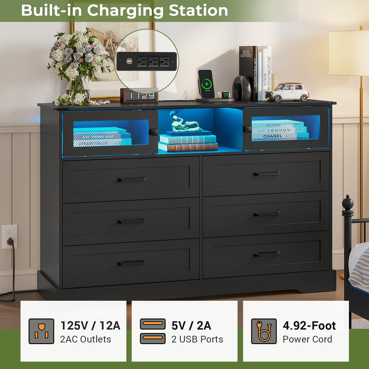 Hasuit 6 Drawers Dresser with LED Lights and Charging Station, Farmhouse Chest of Drawers Closet Organizer, Clothes Storage Cabinet Double Dressers for Bedroom, Living Room, Hallway, Black Hasuit