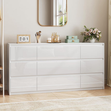ZORPLIX White Dresser for Bedroom,60.4" W High Gloss Large 9 Drawers Dressers with Handle Free, Wide High Gloss Chest of Drawers Large, Long Modern Storage Drawer Dresser for Bedroom, Living Room ZORPLIX