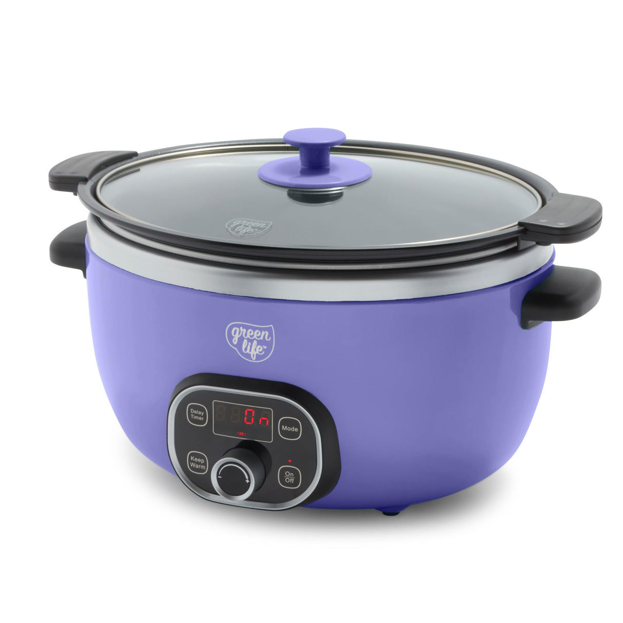 GreenLife 6 Quart Ceramic Slow Cooker, PFAS-Free, Programmable, Removable Healthy Nonstick Pot for Family Meals, Sear on Stovetop, Keep Warm, Digital Timer, Dishwasher Safe Glass Lid, Periwinkle GreenLife