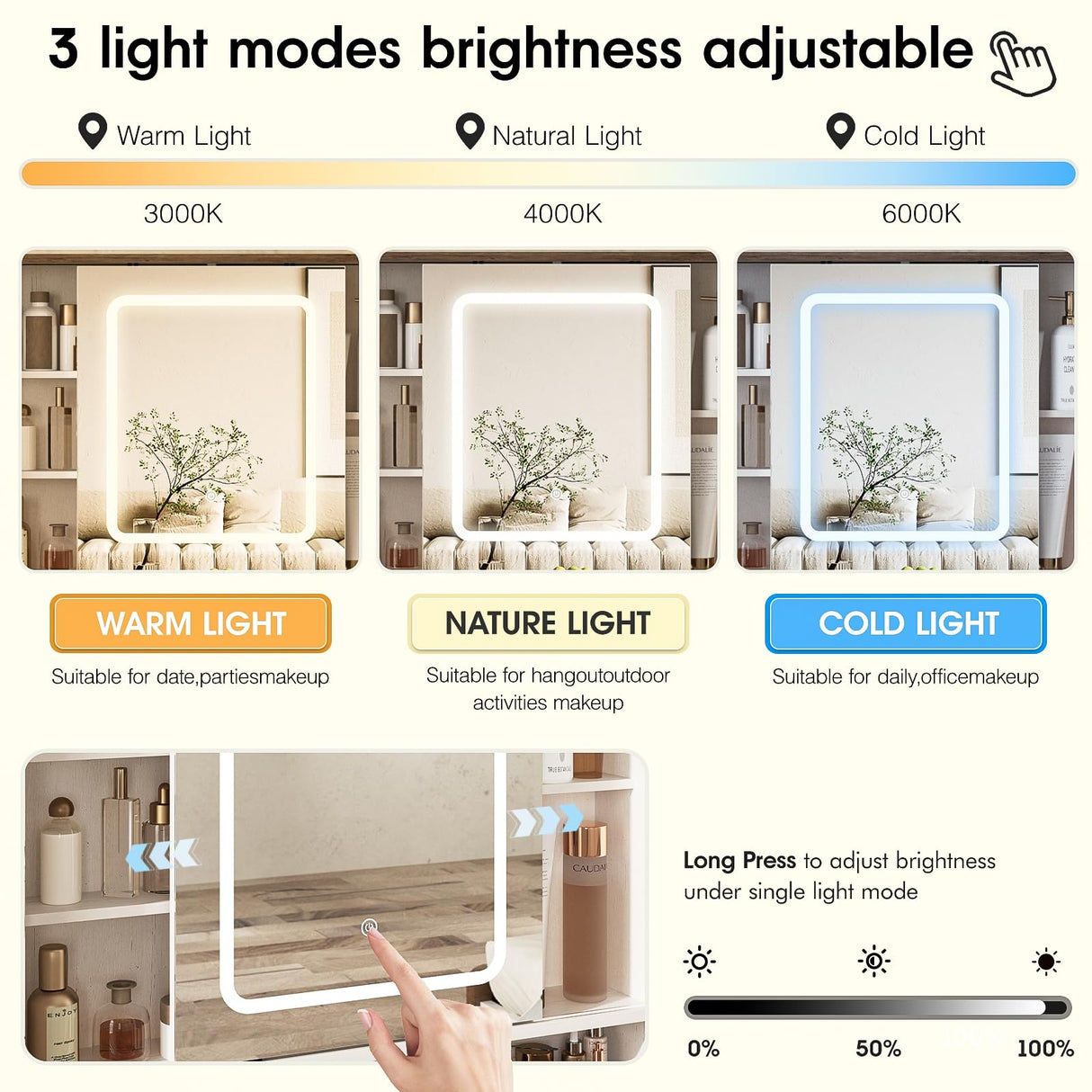 Vabches Makeup Vanity Desk with Sliding Mirror, 41.8'' White Farmhouse Vanity Table with Stool, Jewelry Cabinet & Charging Station, Large Drawer, Visual Cabinet, 3 Lighting Modes, Adjustable Shelves Vabches