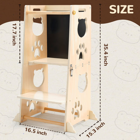 FOBIG Collapsible Toddler Kitchen Step Stool With Chalkboard, Safety Rail, and Standing Tower for Kids 1-3 FOBIG