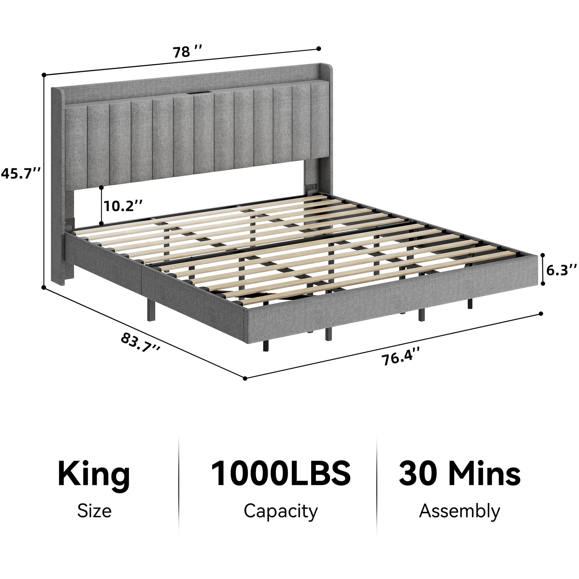 Coucheta King Size Floating Bed Frame with LED Lights and Charging Station in Grey - WoodArtSupply