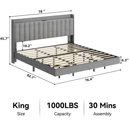 Coucheta King Size Floating Bed Frame with LED Lights and Charging Station in Grey - WoodArtSupply