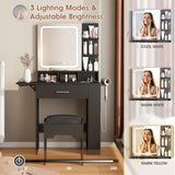 Fameill Vanity Desk with Mirror and Light, Small Vanity with Drawer & Shelves, Black Vanity with Charging Station & Time Display, Vanity Table with Storage Stool, Makeup Vanity for Bedroom Fameill