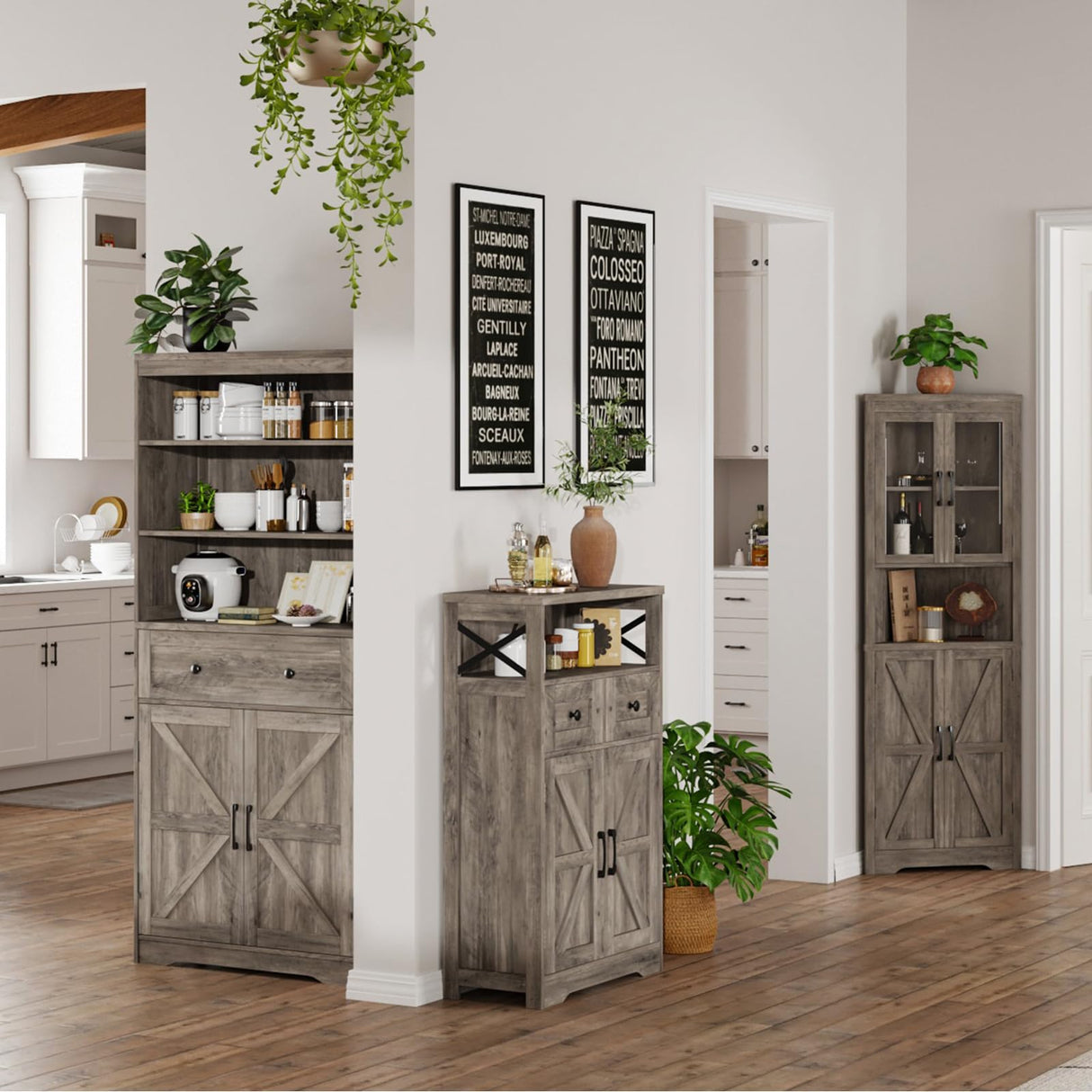Farmhouse Storage Cabinet with Barn Doors and Open Shelf, Kitchen Pantry with Storage, Coffee Bar Station, Freestanding Cupboard Hutch Cabinet for Kitchen, Dinning Room, Livingroom, Grey FiveWillowise