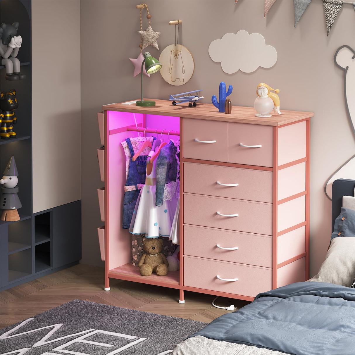 WODRAWER 6 Drawer Dresser for Bedroom with Clothes Rack, Clothes Dresser with Side Pockets and Hooks, Charging Station & LED Lights, Wooden Top, Fabric Storage (Pink) WODRAWER
