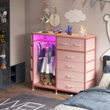 WODRAWER 6 Drawer Dresser for Bedroom with Clothes Rack, Clothes Dresser with Side Pockets and Hooks, Charging Station & LED Lights, Wooden Top, Fabric Storage (Pink) WODRAWER