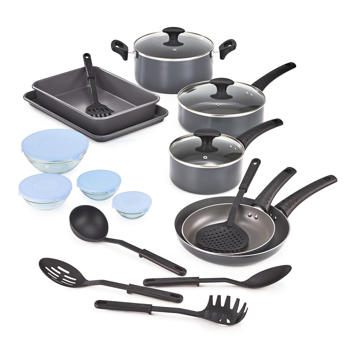 BELLA Nonstick Cookware Set with Glass Lids - Aluminum Bakeware, Pots and Pans, Storage Bowls & Utensils, Compatible with All Stovetops, 21 Piece, Black BELLA