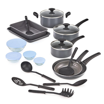 BELLA Nonstick Cookware Set with Glass Lids - Aluminum Bakeware, Pots and Pans, Storage Bowls & Utensils, Compatible with All Stovetops, 21 Piece, Black