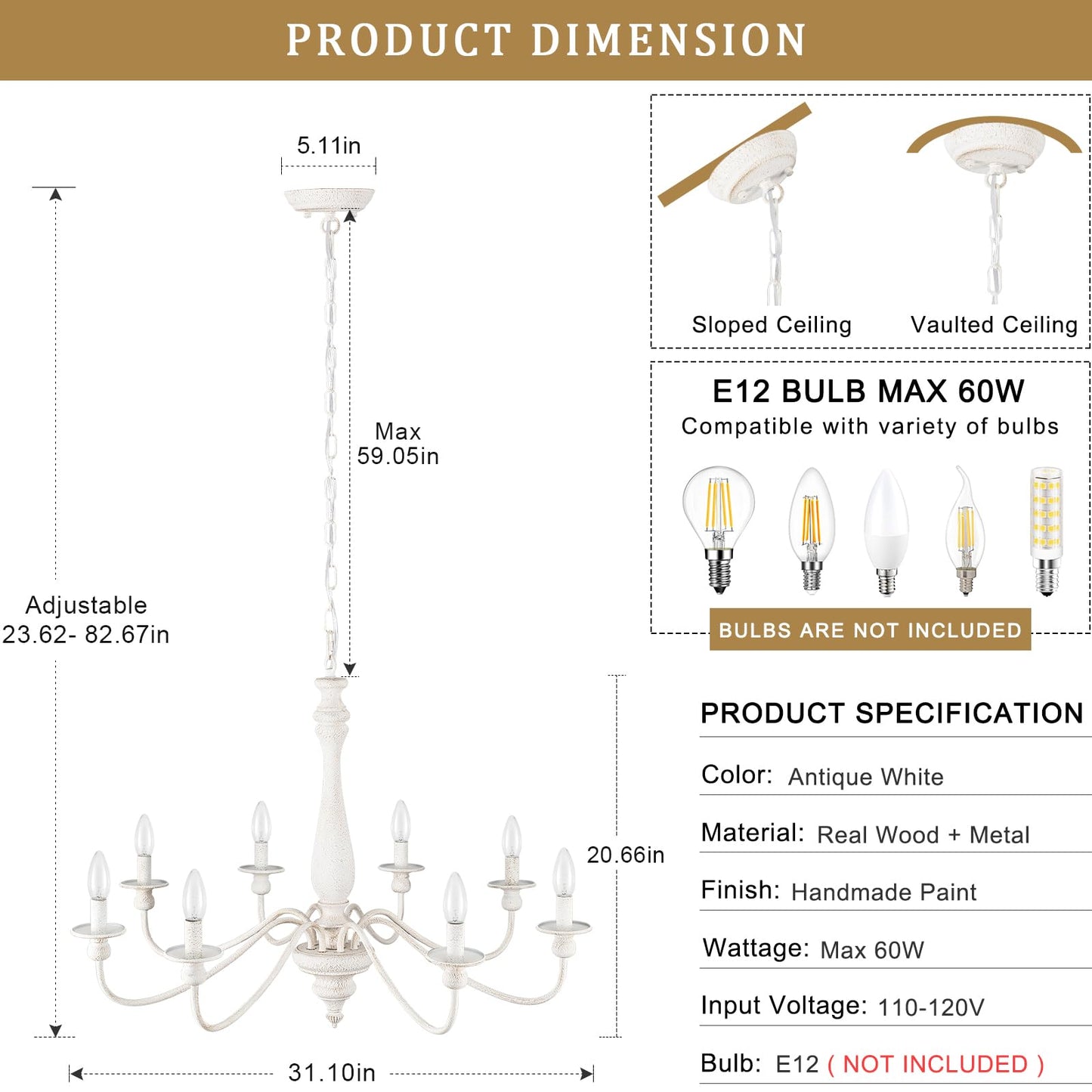 MRHYSWD Distressed White French Country Chandelier 8 Lights Rustic Farmhouse Chandelier for Dining Room Light Fixture Candle Pendant Lights Handmade Wood Chandeliers for Living Room Bedrooms Kitchen