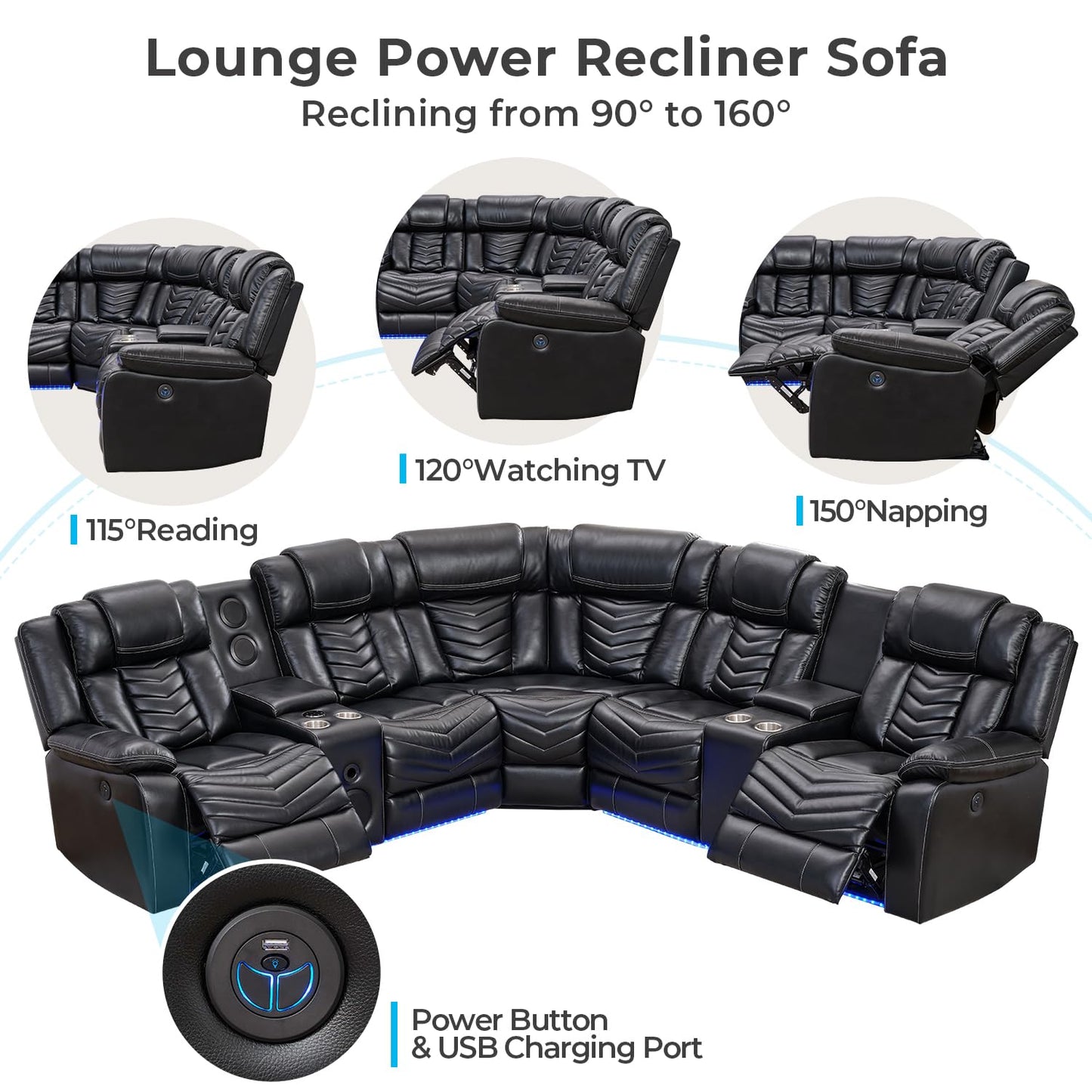 Comfort Stretch Power Recliner Sectional Sofa Couches with Bass Speakers for Living Room, Leather Reclining Corner Sectionals Sofa Couch Sets with LED Light, Electric Theater Recliners for Home, Black