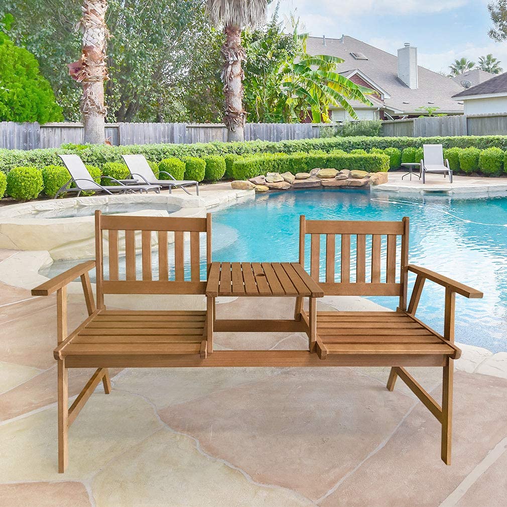 FDW Outdoor Patio Bench Wood Garden Bench Park Bench Acacia Wood with Table for Pool Beach Backyard Balcony Porch Deck Garden Wooden Furniture - WoodArtSupply