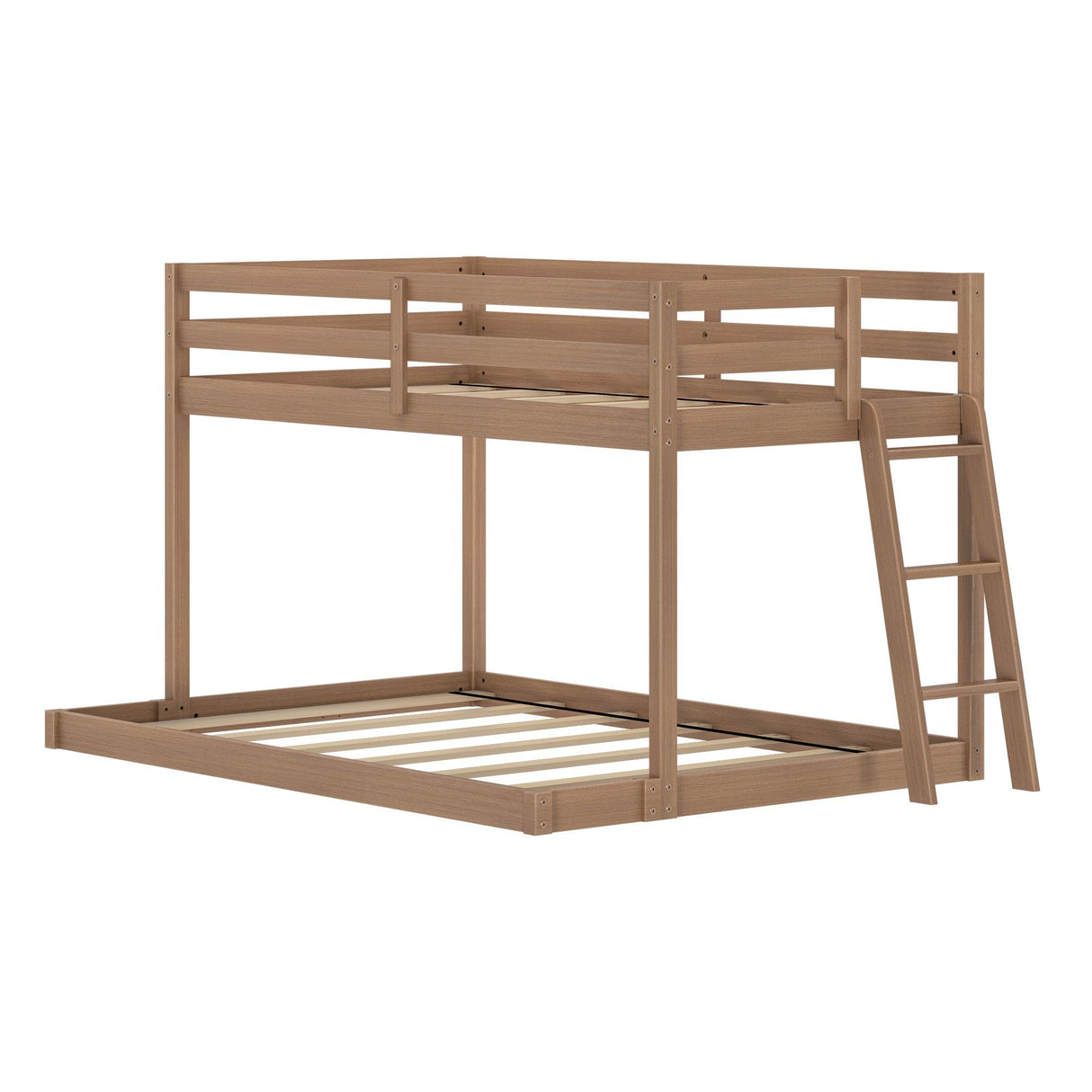 Grain & Grove Bear Twin Over Full Bunk Bed, Low Bunk Bed Frame for Kids, Bunk with Ladder, Guardrail, and Slats, No Box Spring Required, Oak Embossed Pecan Grain & Grove