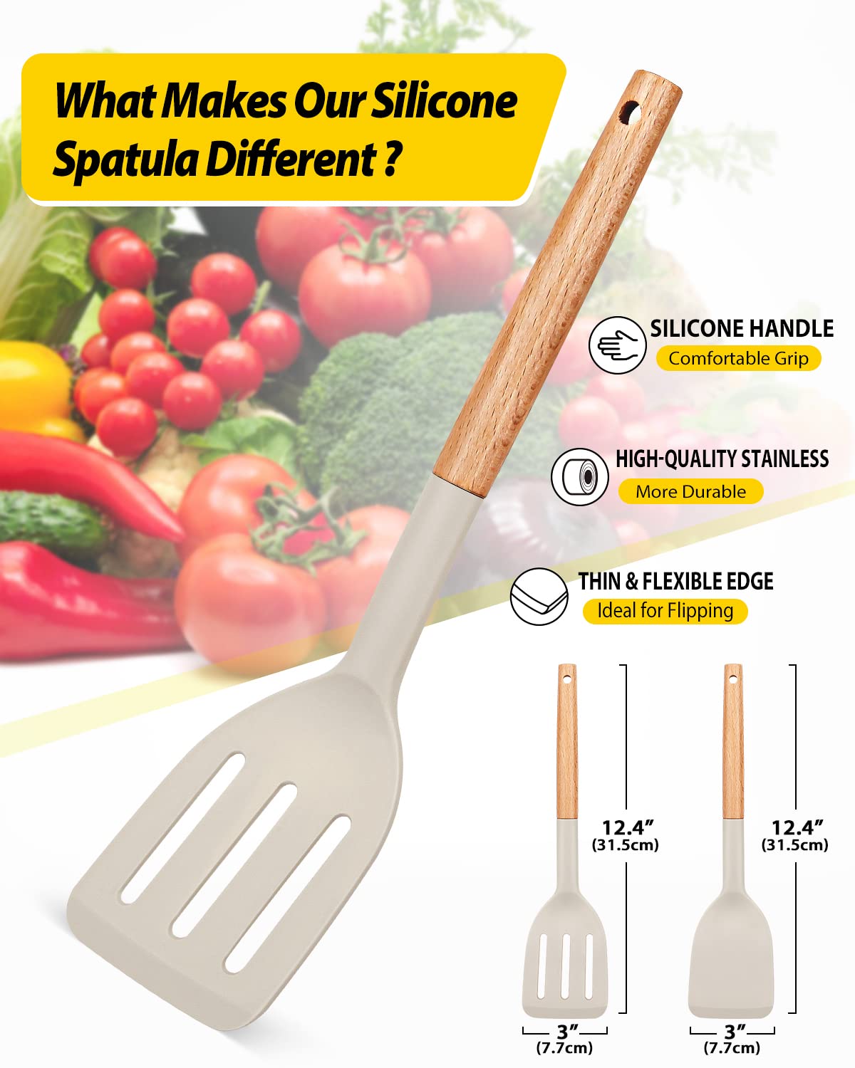 Pack of 2 Silicone Cooking Spatula, Heat Resistant Solid Turner, Non Stick Slotted Spatulas with Wooden Short Handle,Ideal Wood Kitchen Utensils Set for Frying, Baking, Flipping, Turning BUNDLEPRO