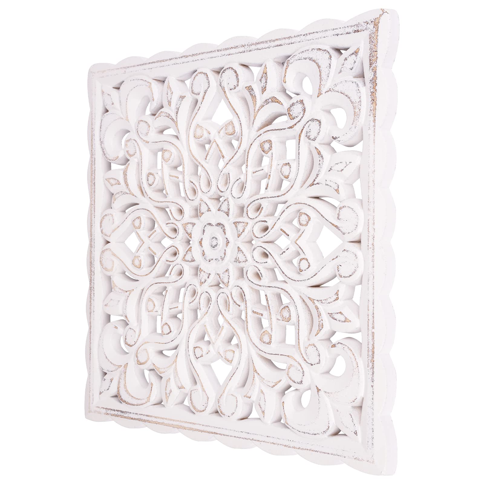 Wall Décor Art, Carved Wooden Wall Panel Hanging Decor, Decorative Carved Floral-Patterned Distressed White MDF Wall Panel for iving Room Bedroom, 12" x 12" - WoodArtSupply