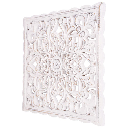 Wall Décor Art, Carved Wooden Wall Panel Hanging Decor, Decorative Carved Floral-Patterned Distressed White MDF Wall Panel for iving Room Bedroom, 12" x 12" - WoodArtSupply