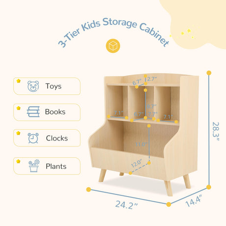 Curipeer Kids 3-Tier Wooden Bookshelf and Toy Storage Organizer in Natural Wood Curipeer