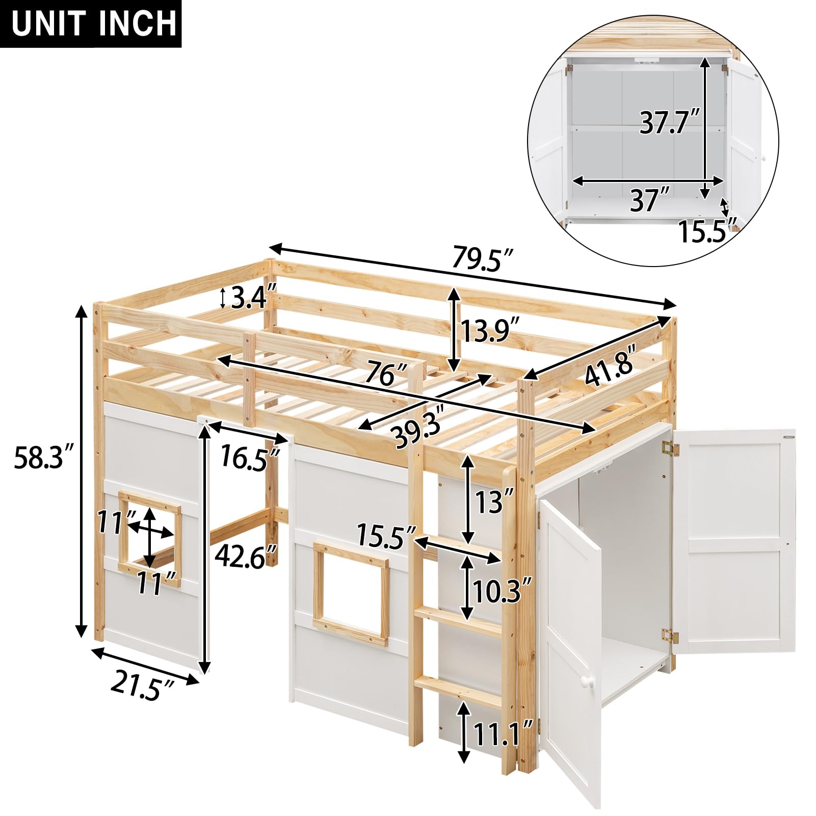 Harper & Bright Designs Twin Size Loft Bed with Storage Wardrobe, Playhouse Design, Guardrail & Ladder in Natural & White - WoodArtSupply