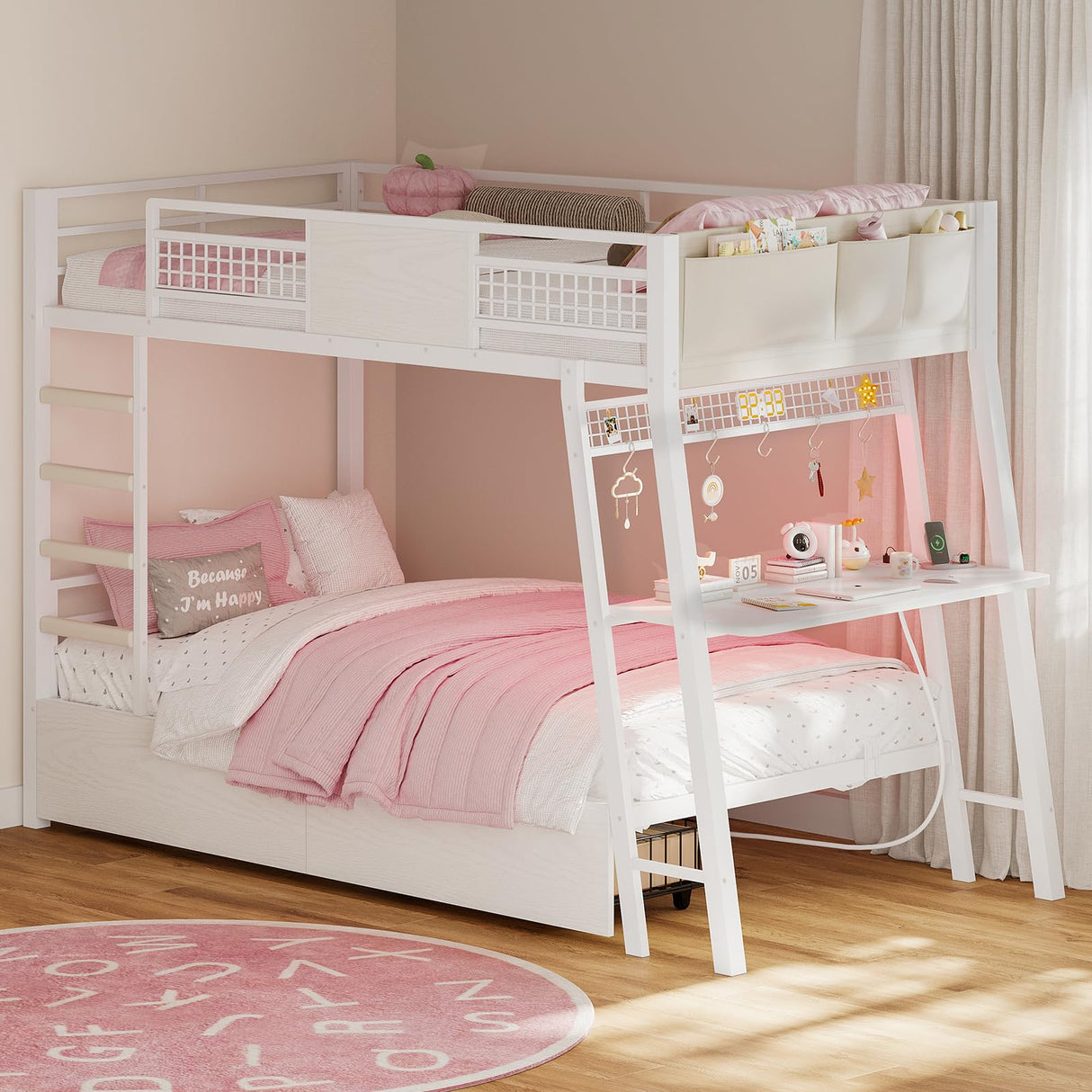 HAUOMS Bunk Bed with Desk, Twin Over Twin Metal Bunk Beds with Power Outlets, RGB LED Lights, 2 Larger Storage Drawers, Bed with Safety Guardrail & Ladders, No Box Spring Needed (White) HAUOMS