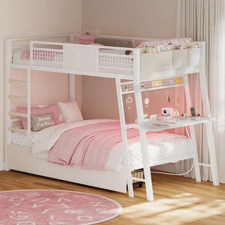 HAUOMS Bunk Bed with Desk, Twin Over Twin Metal Bunk Beds with Power Outlets, RGB LED Lights, 2 Larger Storage Drawers, Bed with Safety Guardrail & Ladders, No Box Spring Needed (White) HAUOMS
