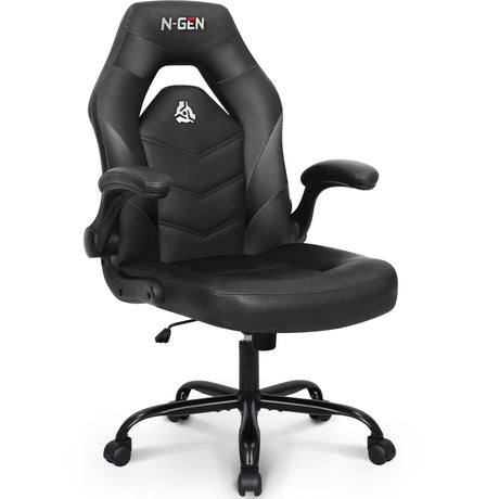 N-GEN Video Gaming Computer Chair Ergonomic Office Chair Desk Chair with Lumbar Support Flip Up Arms Adjustable Height Swivel PU Leather Executive with Wheels for Adults Women Men (Black) NEO CHAIR