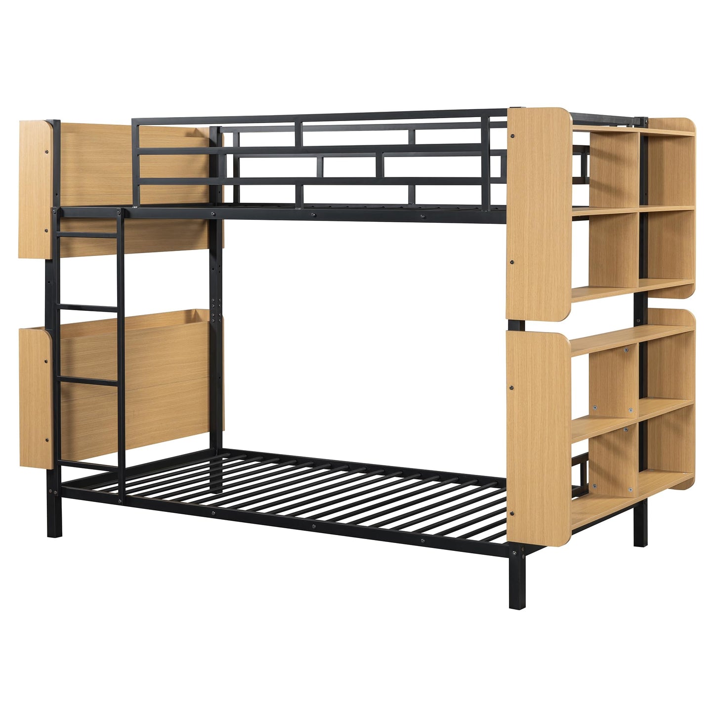 YOPTO Twin Over Twin Size Metal Bunk Bed with Ladder and Full-Length Guardrail,Modern Bunkbeds W/Storage Headboard and Foot Shelving,No Box Spring Needed,2 Assembly Options,for Teens,Bedroom,Black