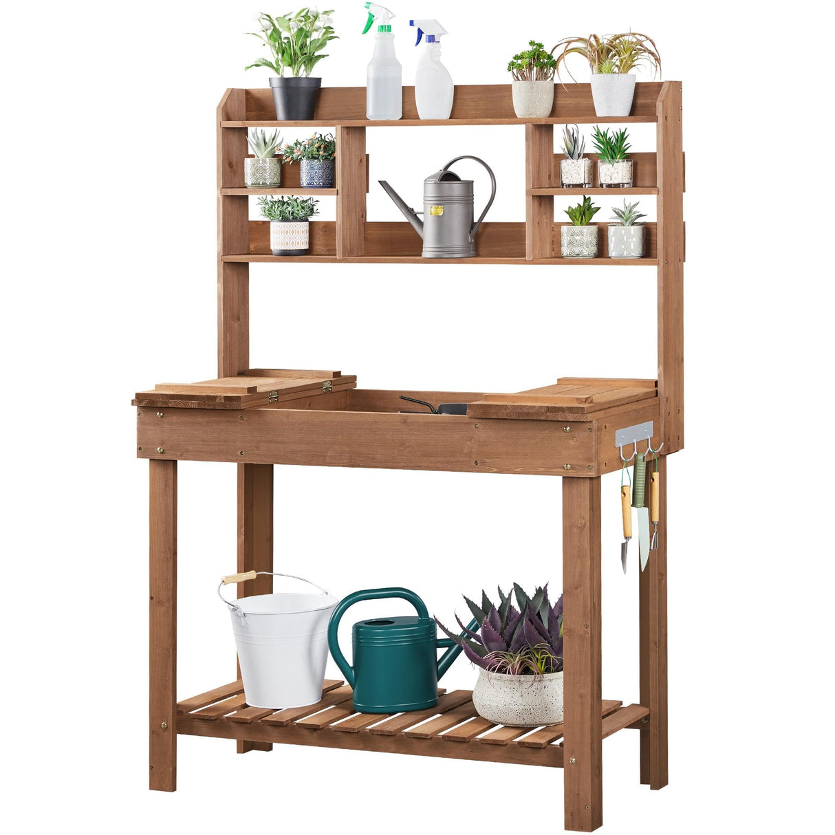 Yaheetech Potting Bench Table Horticulture Germination Table & Outdoor Garden Work Bench Platform w/Display Rack/Storage Shelf/Hanger/Thoughtful Sink Brown Yaheetech